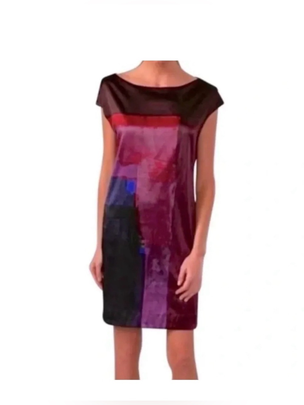 Vince Silk Colorblock Shift Dress Burgundy Plum Abstract Print Sz L